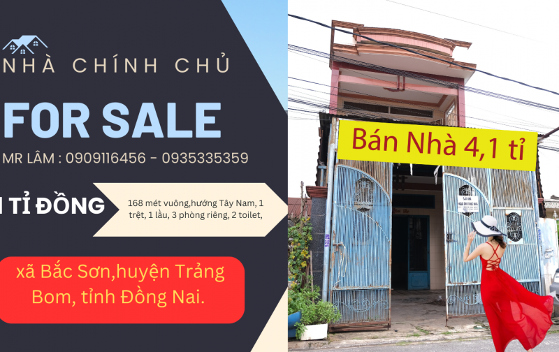 Bán nhà 4,1 tỉ;diện tích 168 mét vuông,hướng Tây Nam